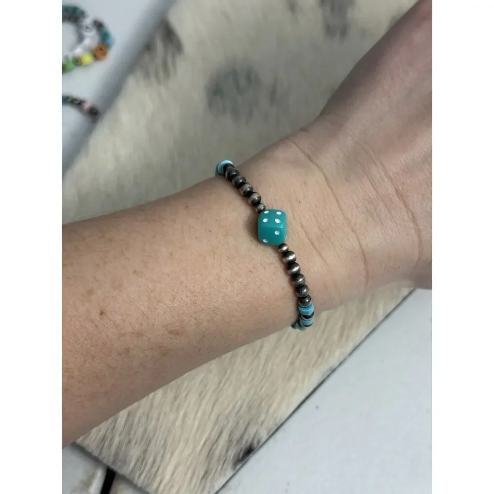 Native American Sterling Silver Navajo Pearl Turquoise Stretch Bracelet Dice
